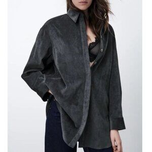 Zara Oversized Gray Corduroy Button Up Boyfriend Shirt Longline Shacket Sz M